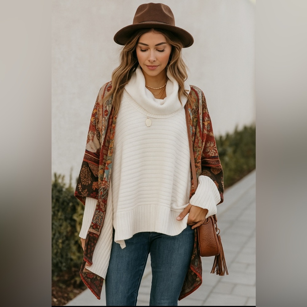 Anthropologie Moth Cream Cowl Neck Sweater Split Hem Sz L